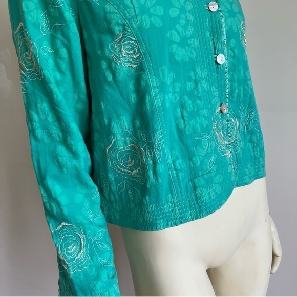 MIRASOL Women’s Embroidered Roses Jacket Mandarin Collar Shell Buttons Green S - Picture 7 of 14